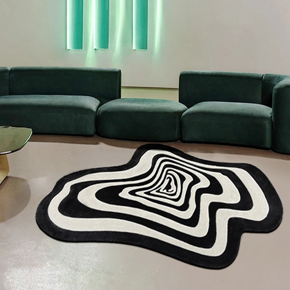 tapis noir blanc moderne abstrait rayures concentriques effet ondulé salon intérieur