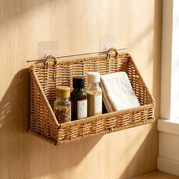 panier rotin tressé rustique naturel clips adhésifs rangement cuisine salle bain chambre salon herbes