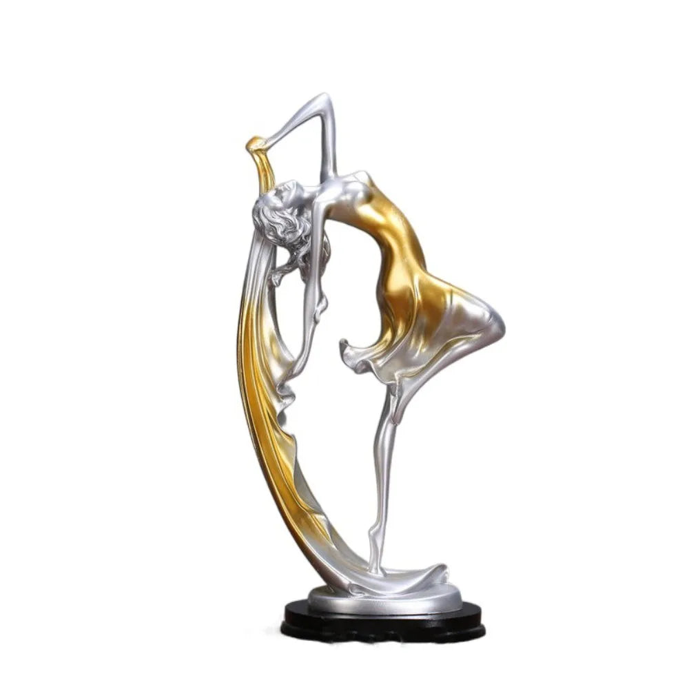 statue moderne femme mouvement argenté doré bleu lisse brillante base noire abstraite