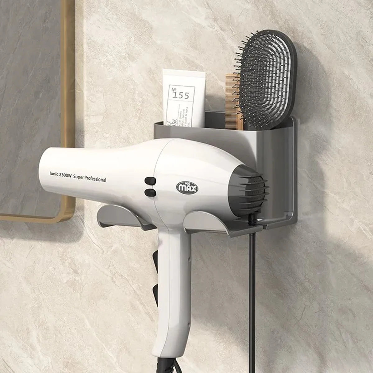porte sèche cheveux adhésif moderne gris métallisé salle bain rangement brosse gobelet téléphone