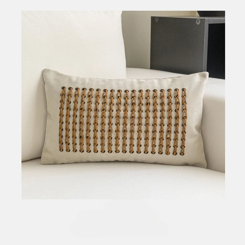 taies d'oreiller géométriques patchwork moderne lin polyester beige marron clair blanc respectueux environnement