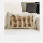 taies d'oreiller géométriques patchwork moderne lin polyester beige marron clair blanc respectueux environnement