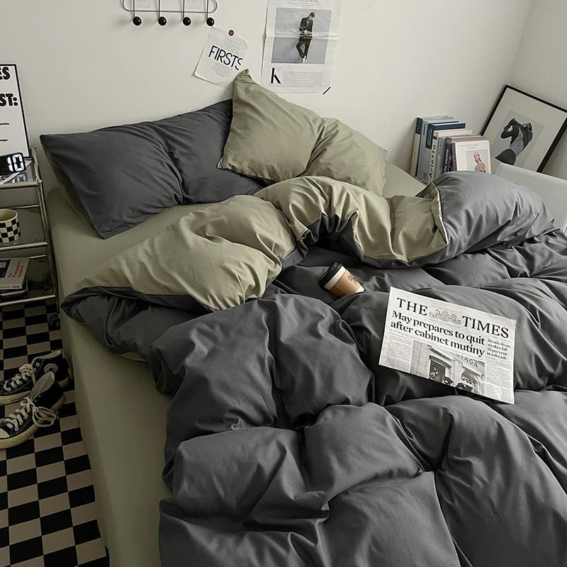 parure lit ensemble housse couette double deux taies d'oreiller coton moderne