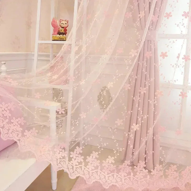 rideau rose fleurs blanches romantique tulle dentelle salon chambre polyester