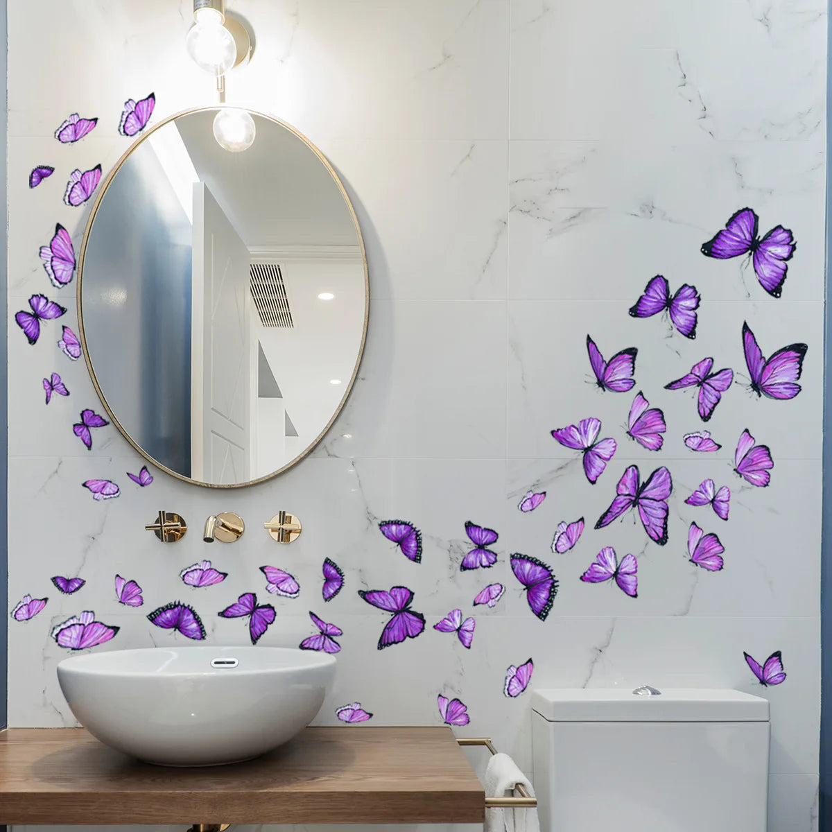 sticker mural decoratif papillon violet bleu effet aquarelle salle bain boheme adhesif nature