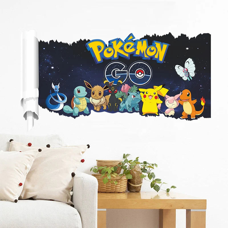 sticker mural 3d pokemon pikachu personnages animés arrière plan naturel adhésif