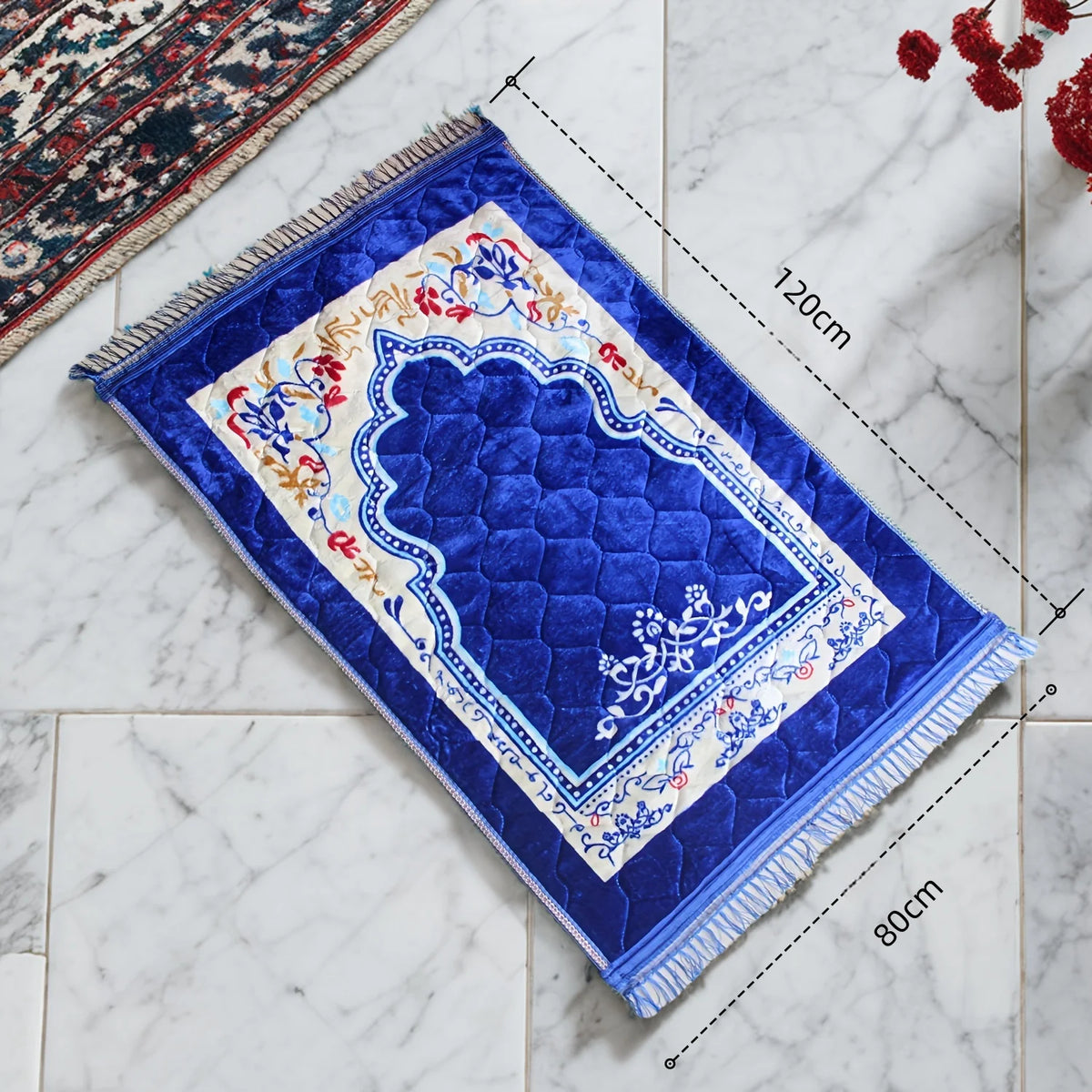 tapis prière musulman fleur coton flocage antidérapant bleu vert rouge ornements bordure classique 120cm
