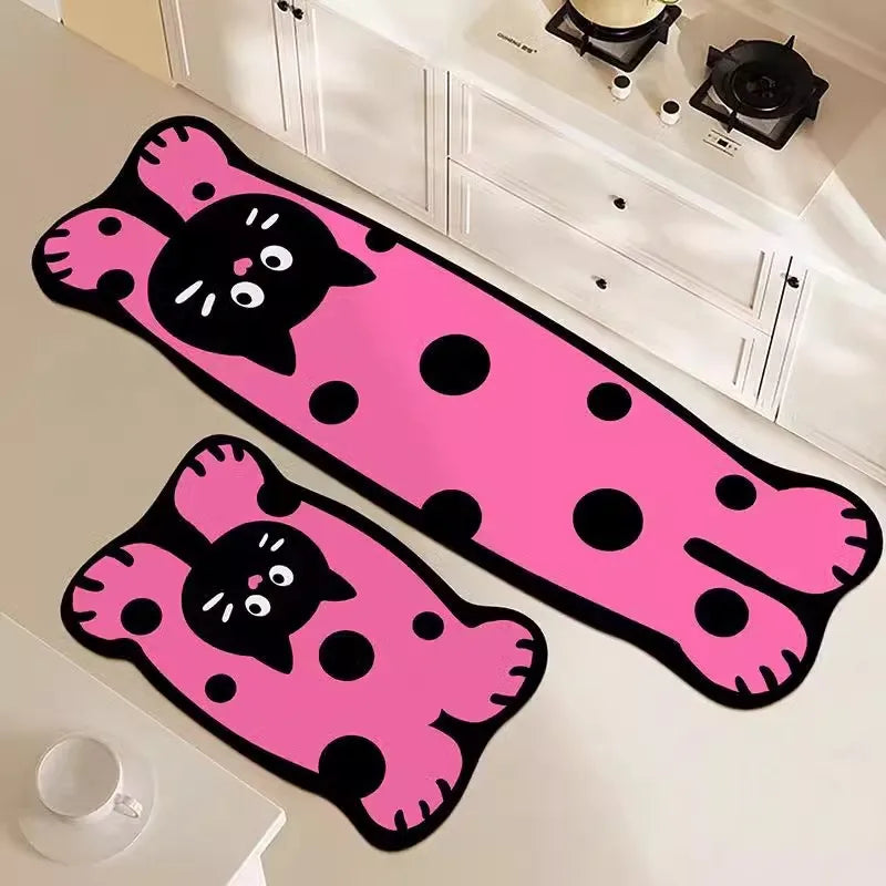 tapis sol cuisine salle bain motif chaton rose noir antidérapant absorbant séchage rapide