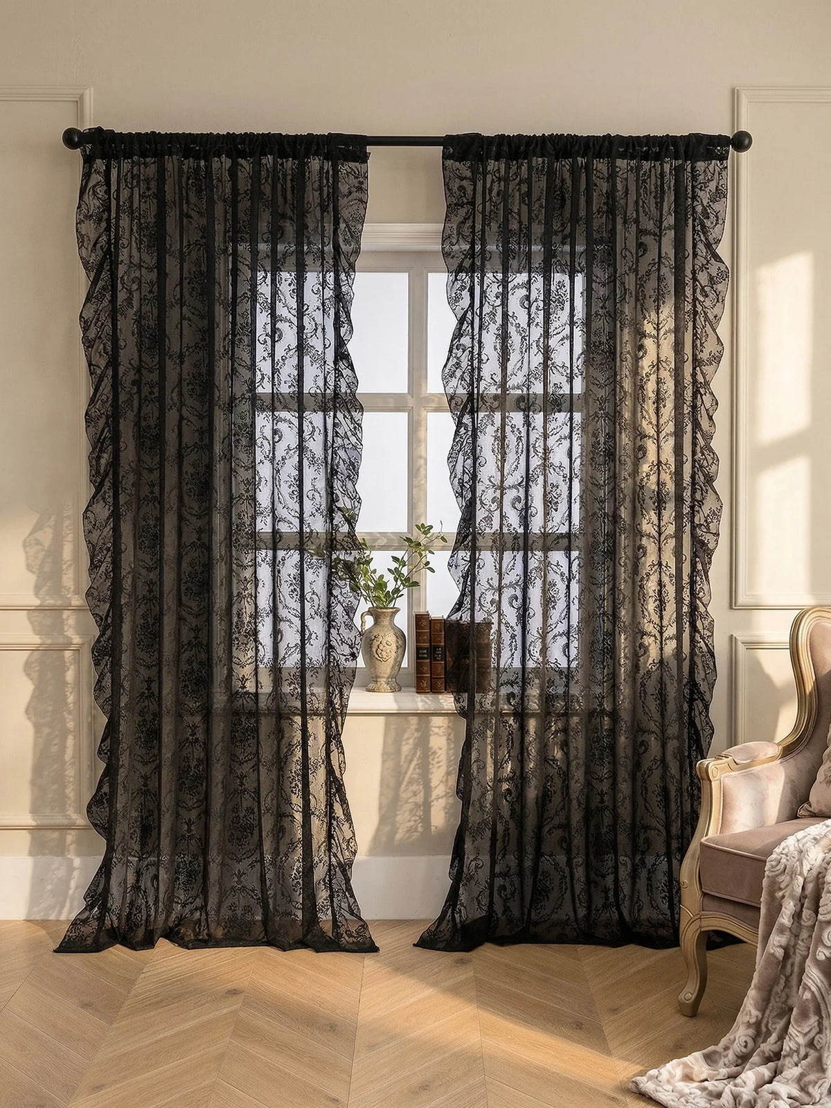 rideau noir transparent broderie florale classique anneaux décoratives polyester chambre salonhôtel