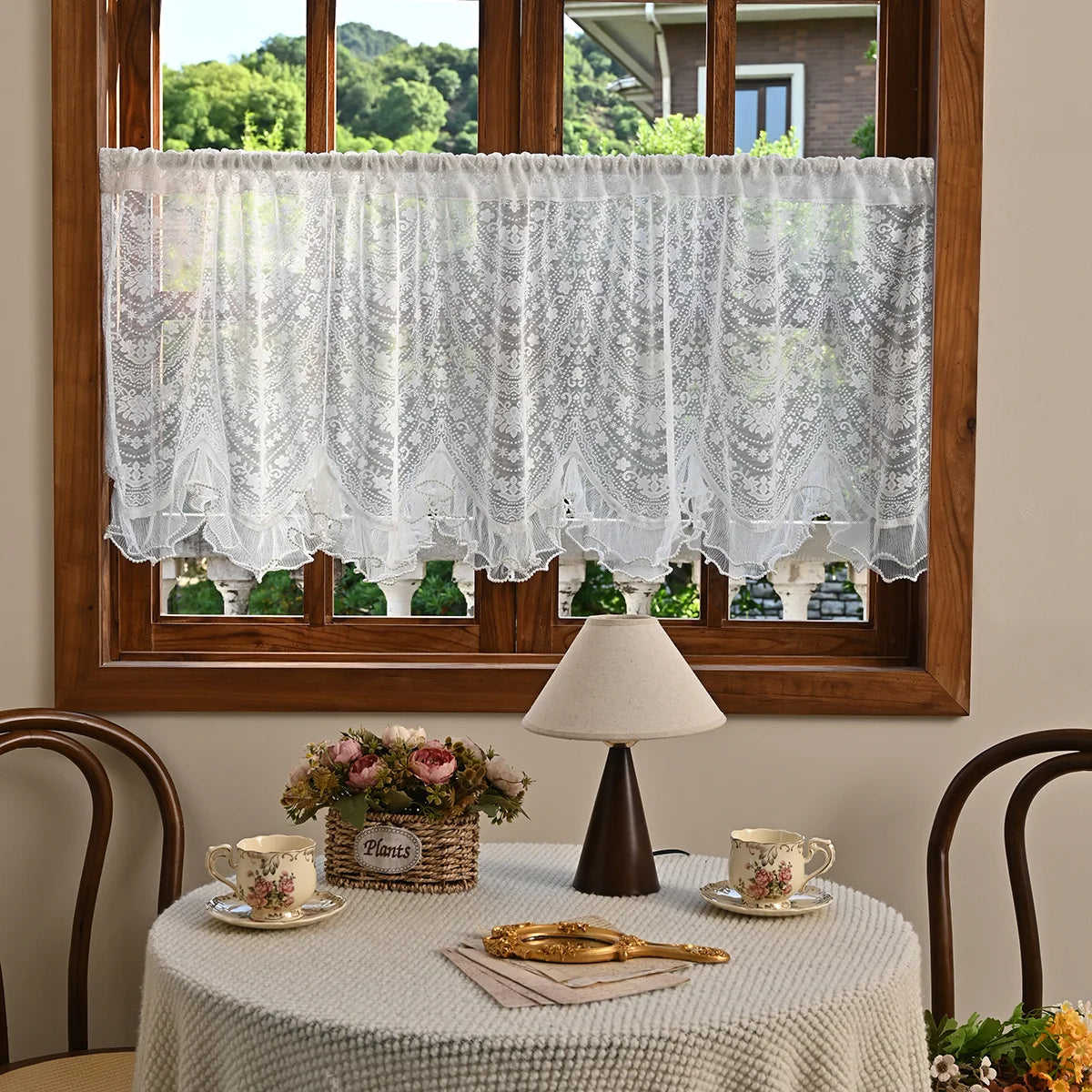rideau blanc broderie florale dentelle translucide classique romantique cuisine chambre taille 100x55 cm