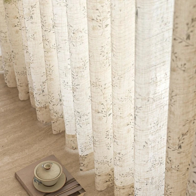 rideaux polyester imprimé floral beige clair semi transparent classique maison