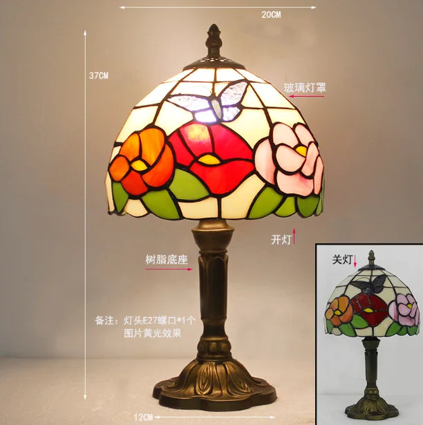 lampe table tiffany mosaïque verre coloré floral interrupteur bascule métal doré