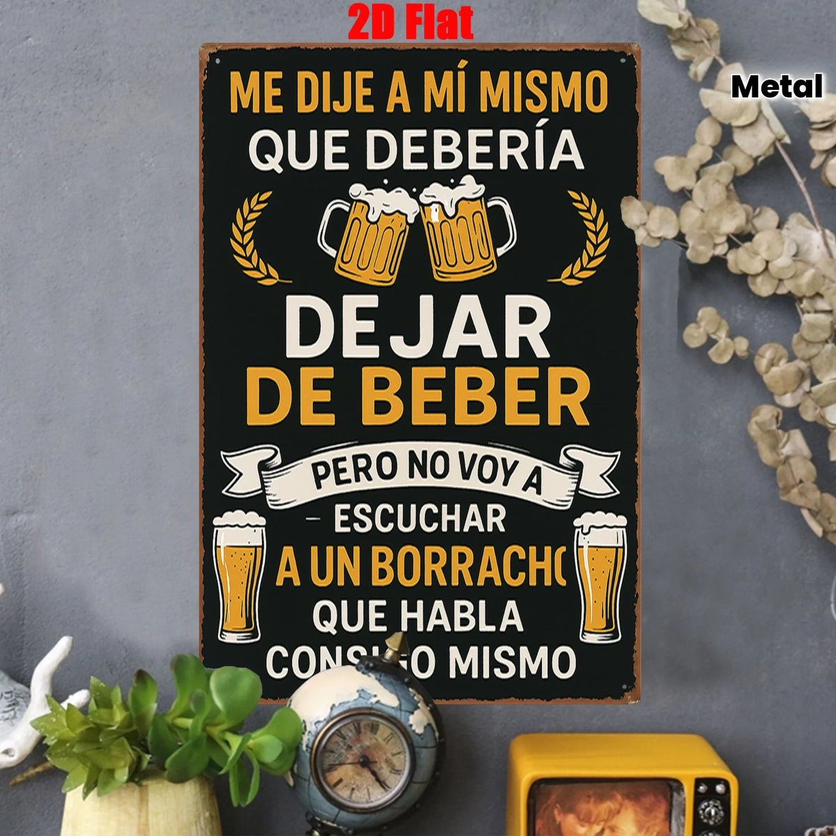 plaque décorative vintage illustrée verres bière texte espagnol noir blanc doré 20x30cm sans électricité