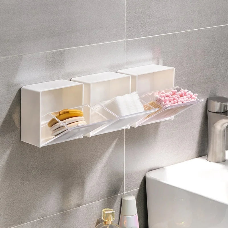 boîte rangement murale adhésive blanc moderne compartiments maquillage lingettes coton tige pinceaux cosmétiques réutilisable