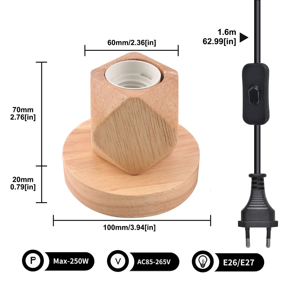 base lampe bois naturel clair texture bois moderne minimaliste vis e27 câble prise interrupteur