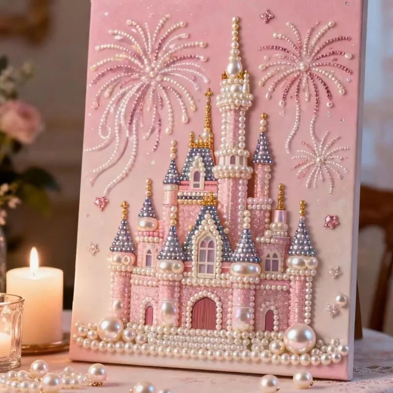tableau décoratif château blanches rose doré art féerique décoration enfant adulte