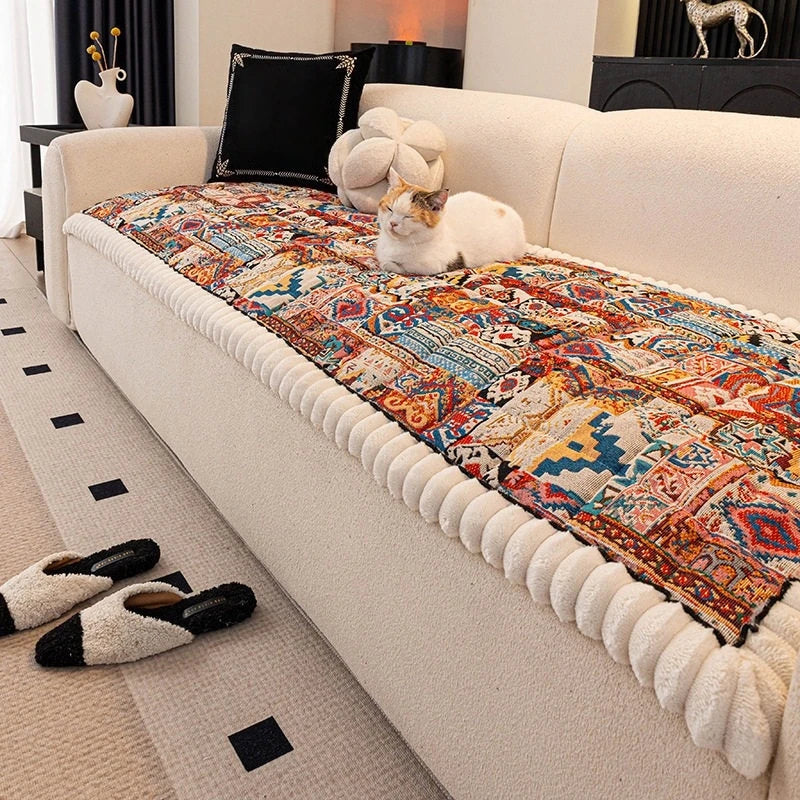 coussin canapé patchwork boho multicolore fourrure bordure épaisse coton polyester lavable printemps été salon