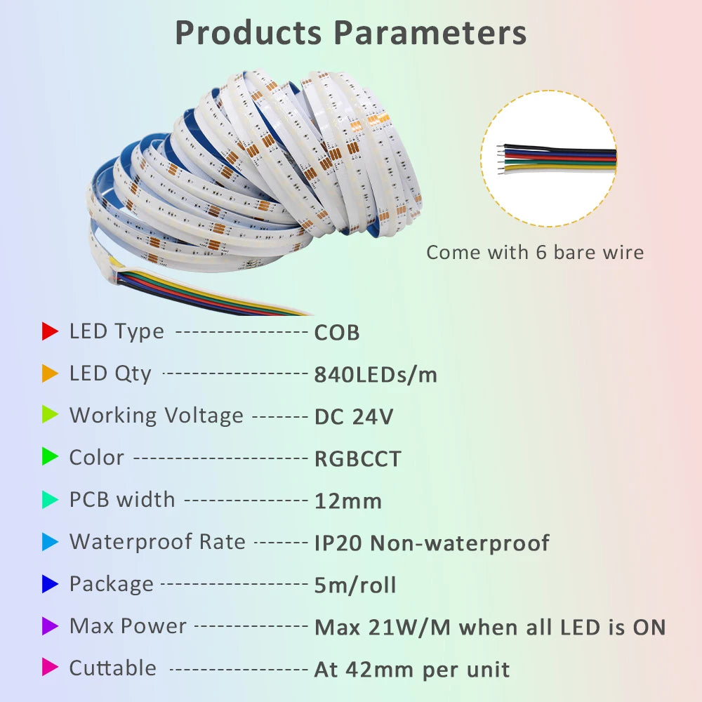 ruban led coB blanc multicolore moderne 24v 840leds câbles non isolés double sided tape