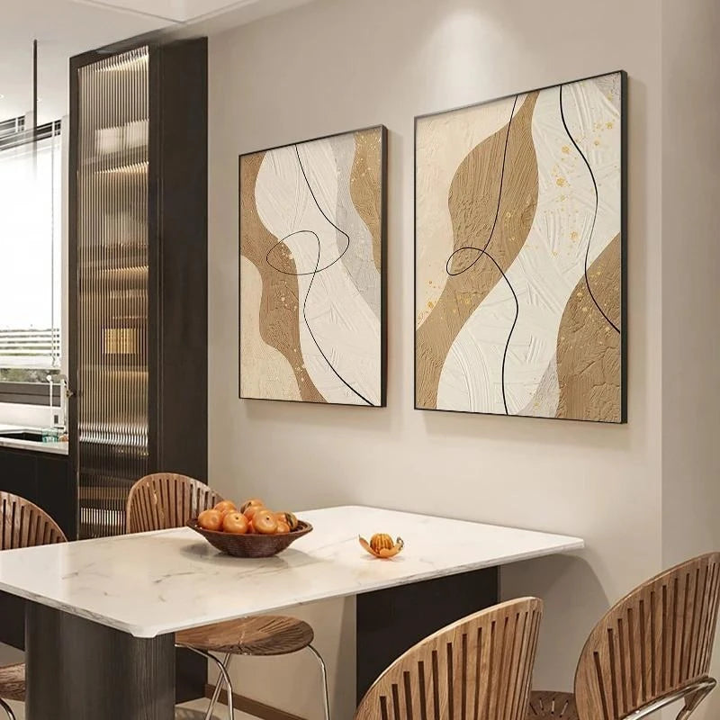 tableau abstrait moderne minimaliste toile points dorés lignes courbes beige blanc noirintérieur décoration chambre