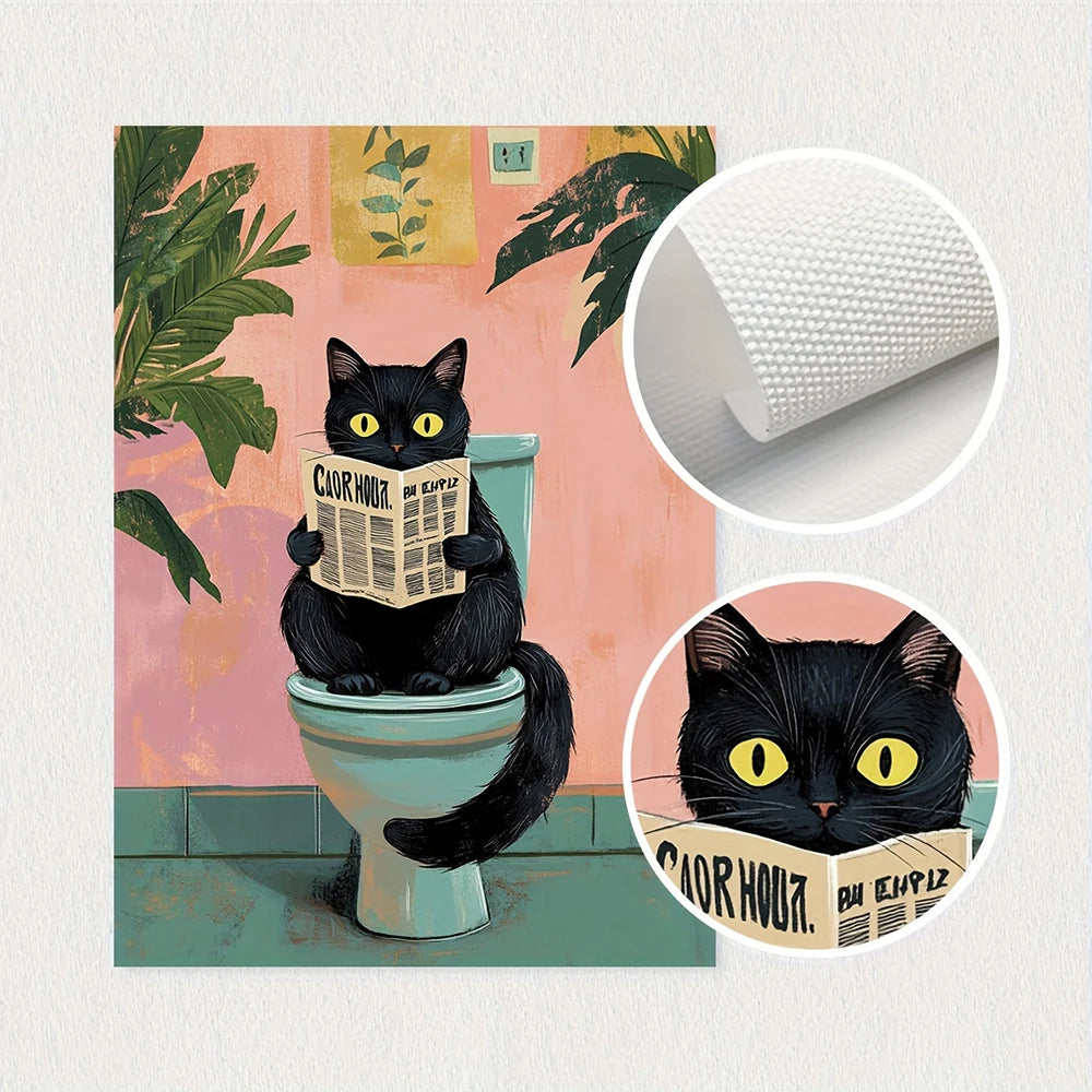 affiche toile chat noir toilettes plantes papier peint vintage humour illustration wall art decoration