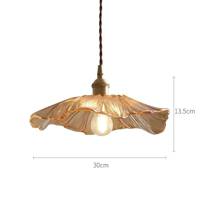 lampe suspendue moderne violet rose transparent feuilles ouvertes effet ondulé art déco chaîne métallique