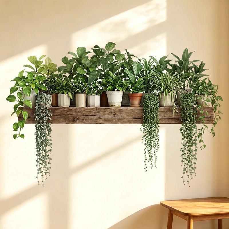 décoration murale naturelle feuilles plantes meuble bois tableaux suspendus adhésif vert marron blanc