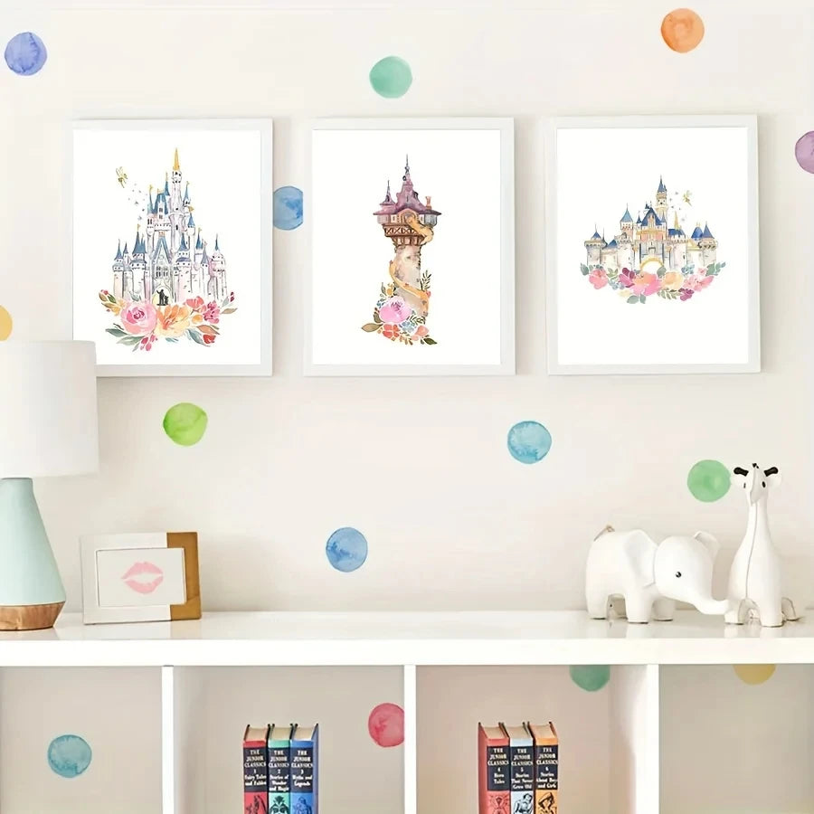 toile peinte château fleurs papillon aquarelle moderne décoration chambre filles