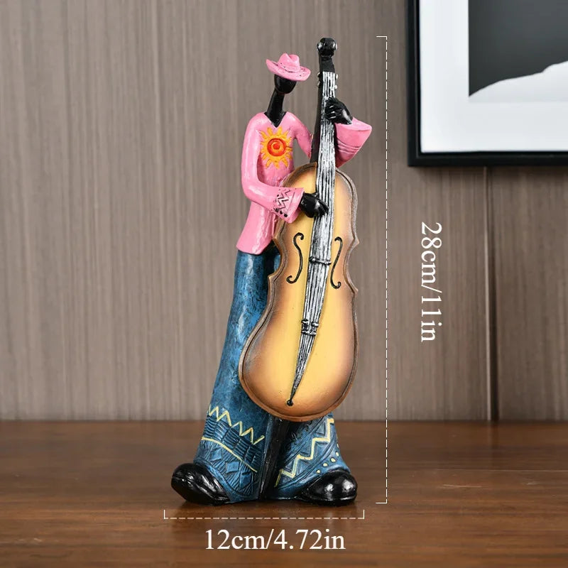 statues musiciens résine trompette saxophone chanteur clavier violoncelle ethnique artisanal décoration maison salon