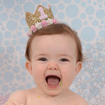 couronne enfant anniversaire ans paillettes or rose blanche fleurs artificielles bandeau élastique princesse festif