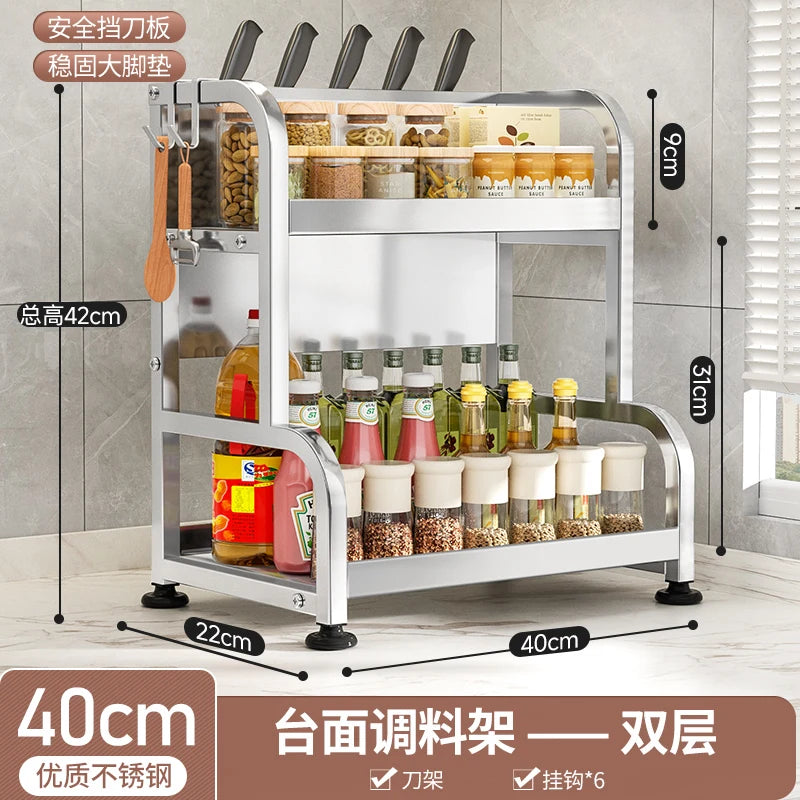 étagère cuisine métal argenté support couteaux bocaux épices rangement comptoir
