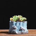 pots fleurs céramique glaçure abstraite bleu rose marron rustique plante verte artisanat