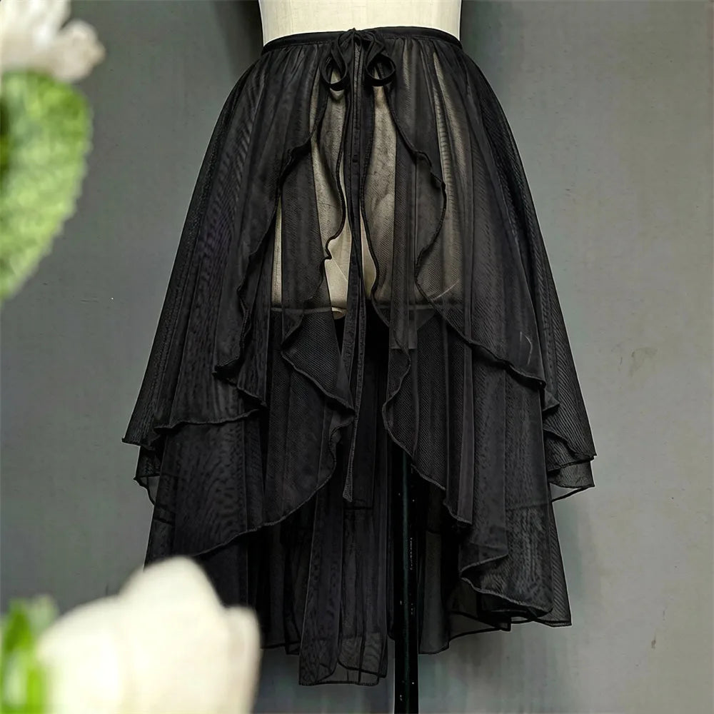 jupe femme lolita asymétrique double couche voile transparent dentelle vintage romantique mi long