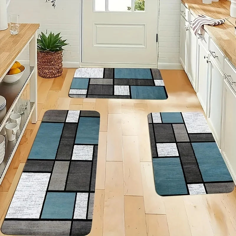 tapis vintage carreaux géométriques gris bleu polyester moderne salon chambreextérieur