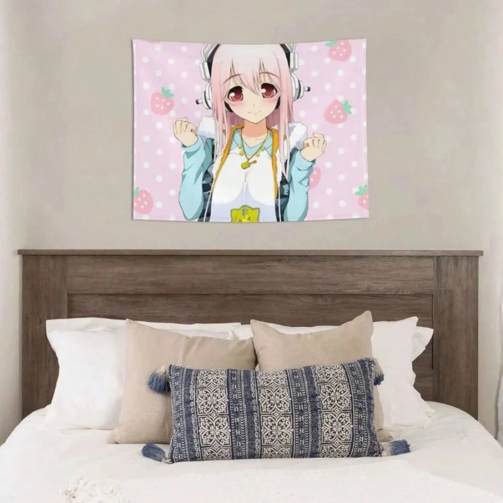 tapisserie murale anime kawaii fraises roses oreilles lapin guitare polyestère 150x200cm
