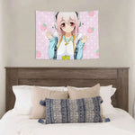 tapisserie murale anime kawaii fraises roses oreilles lapin guitare polyestère 150x200cm