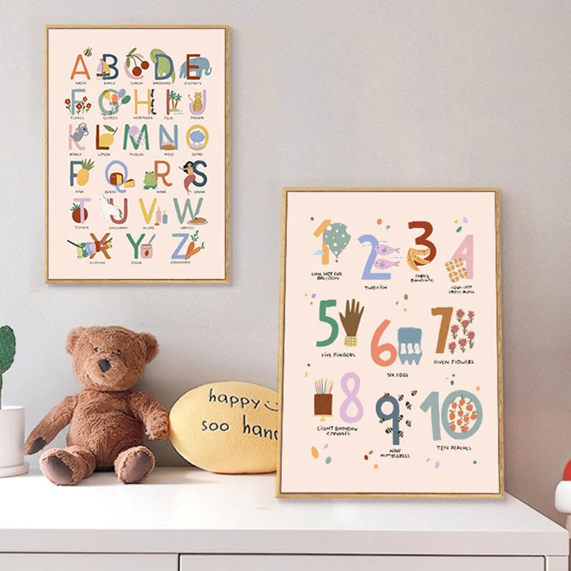 affiches alphabet chiffres illustration enfantine rose clair lettres numeros toile sans cadre moderne chambre