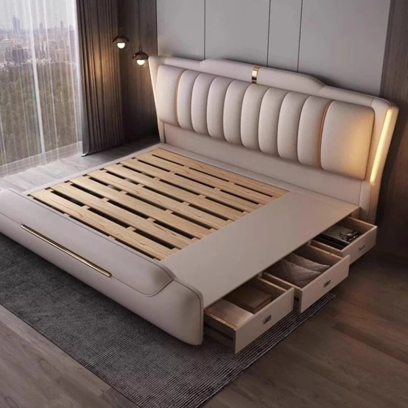 lit double simili cuir moderne beige gris pieds dorés tiroirs intégrés structure bois