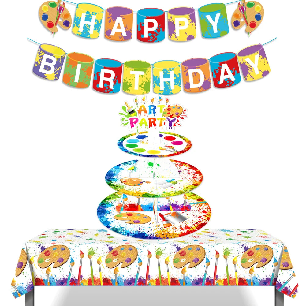 décoration anniversaire palette peinture guirlande ballons happy birthday assiettes gobelets serviettes multicolore festive