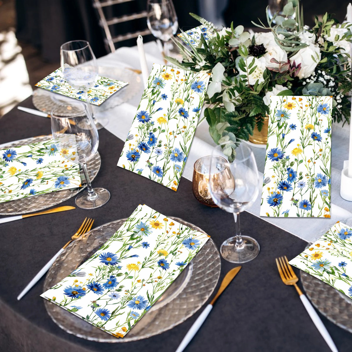 serviettes papier jetables fleurs bleues jaunes salle bain festives motifs floraux noël