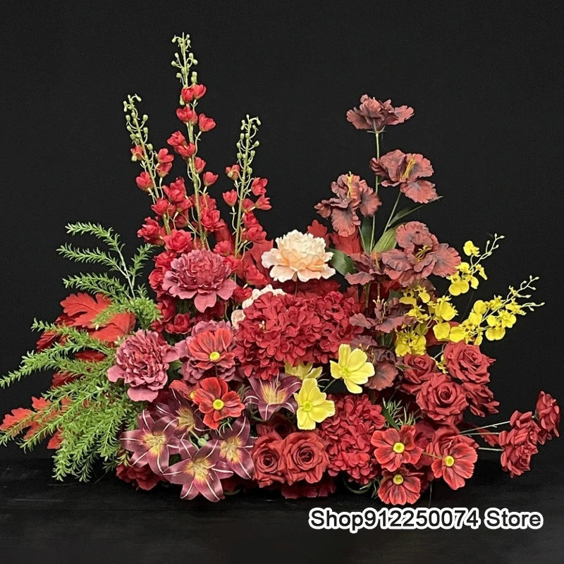 bouquet artificiel rose rouge feuilles vertes decoration mariage anniversaire table exterieur classique fleuri