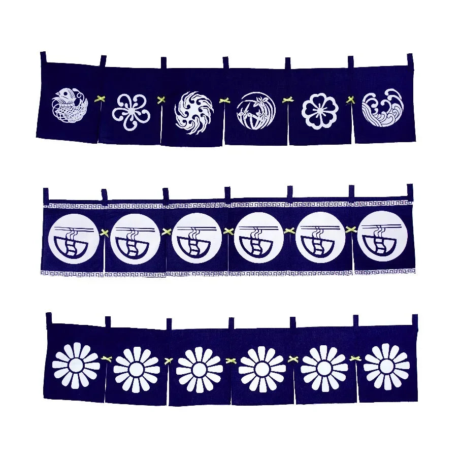 rideau porte horizontal japonais motifs floraux animaux bleu marine traditionnel opacité decoration interieur