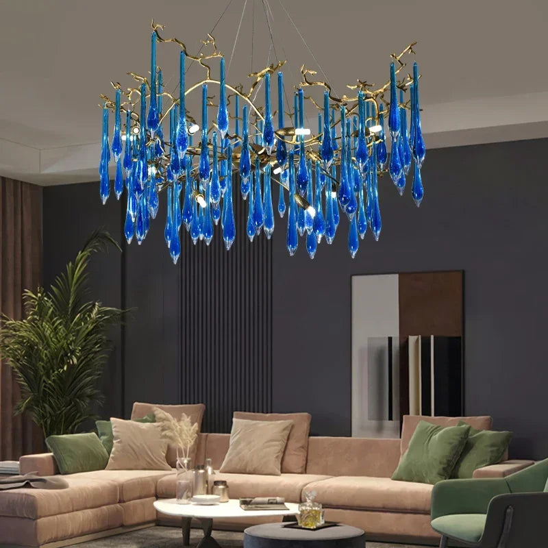 lustre contemporain élégant gouttes cristal bleu doré opalescent led salon chambre