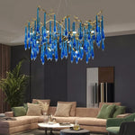 lustre contemporain élégant gouttes cristal bleu doré opalescent led salon chambre