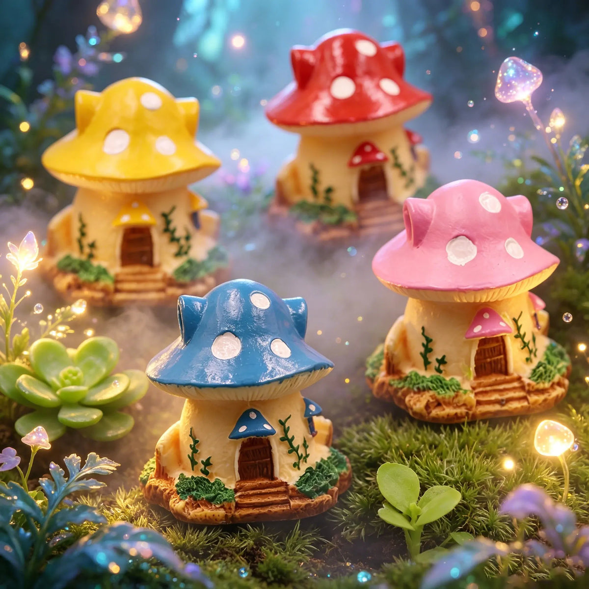 ornements résine maison champignon fleur jaune rouge bleu rose contes fées décoration micro jardin