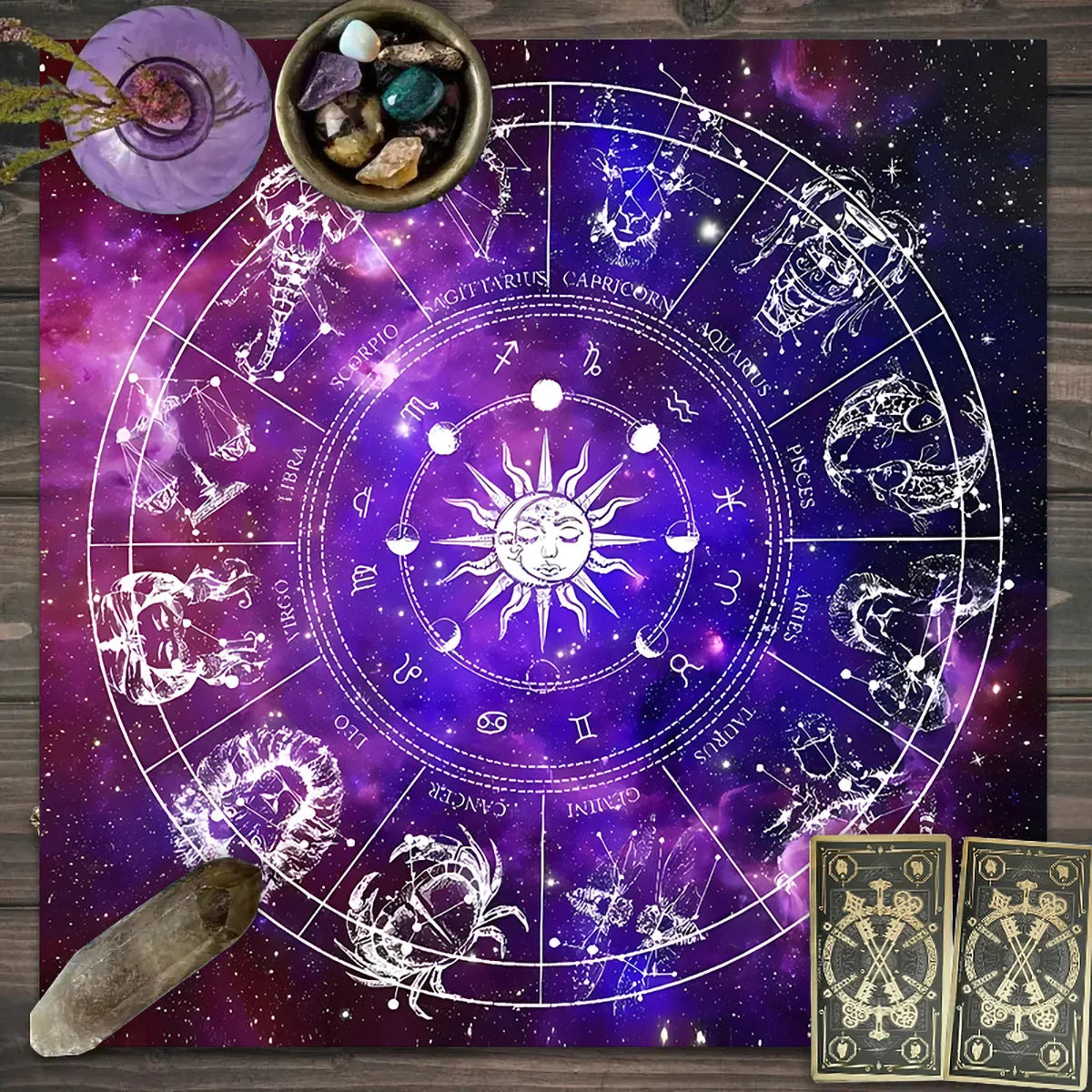 tapis décoratif arbre vie étoiles mystiques tarot printemps été noir bleu violet rose doré