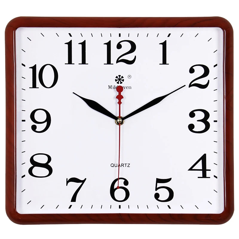 horloge murale carrée quartz aiguille classique cadre marron cadran blanc salon cuisine decoration murale