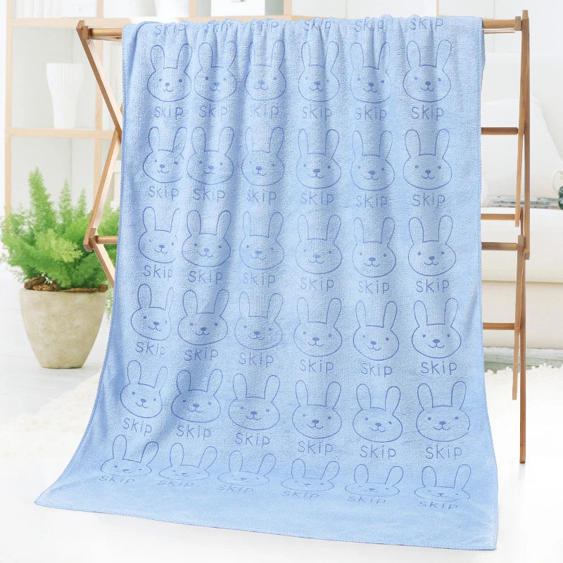 serviette bain polyester rapide motif lapins mignons couleurs violet rose vert bleu doux moderne