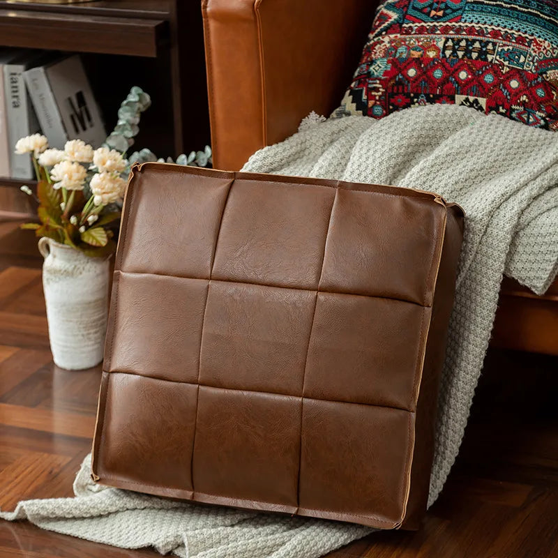 pouf carré cuir marron clair marron foncé vert olive moderne vintage