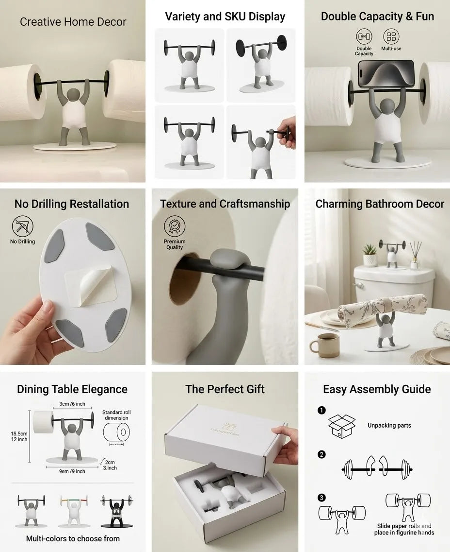 support papier toilette moderne figurine fitness blanc gris