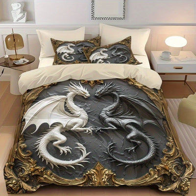 Housse de couette dragon noir et blanc sur lit moderne